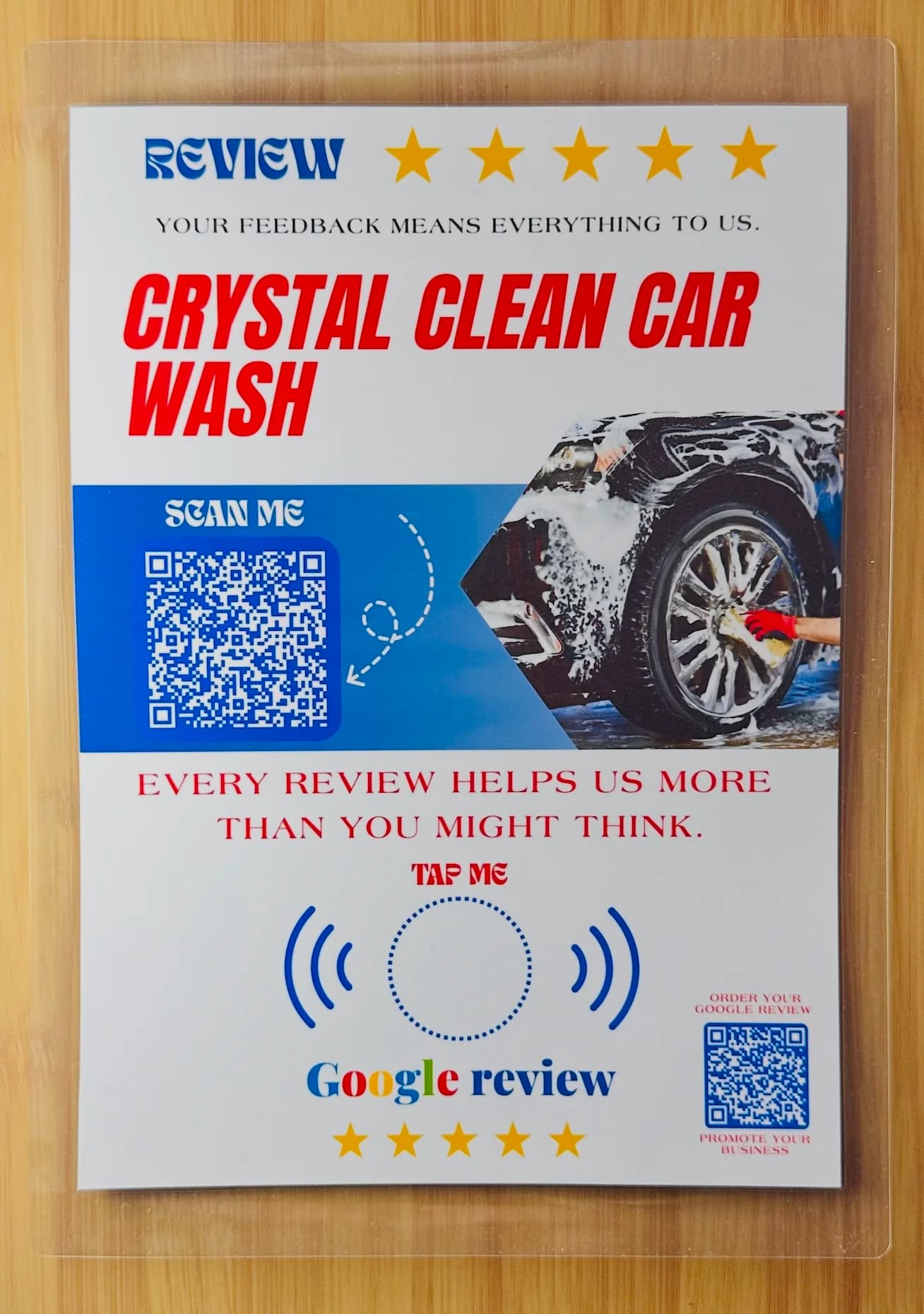 Waterproof A5 review card with QR code, NFC tap zone, and shop branding
