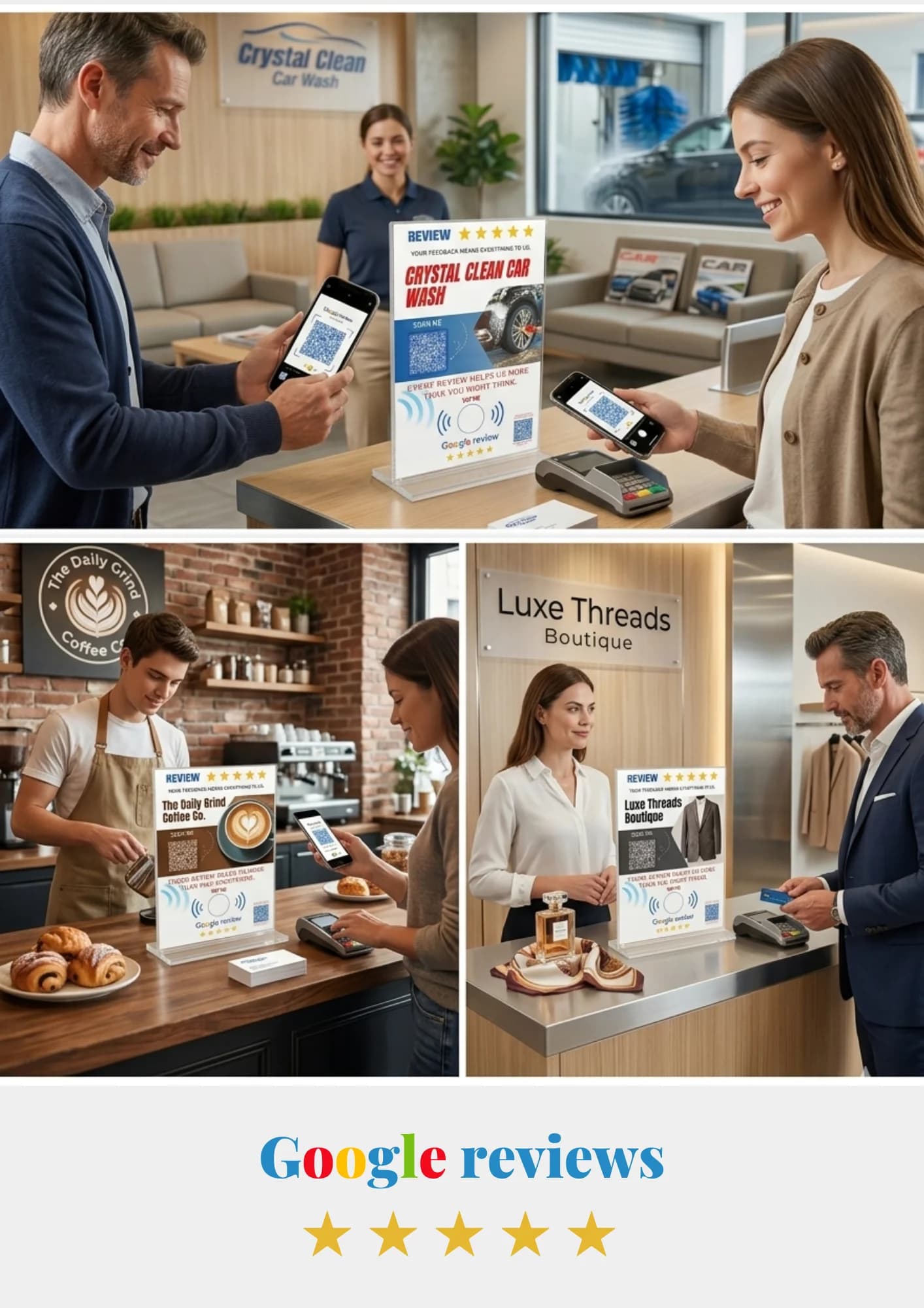 Spotlit Google review stand for UK shops — waterproof A5 QR card